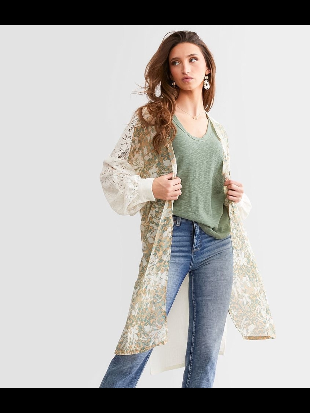 Miss Me Green Printed Sheer Chiffon Kimono with Cream Lace Sleeves Size Medium
